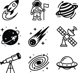 Space icons set, rocket astronaut satellite planet telescope UFO meteor galaxy symbols, astronomy and space exploration vector illustration, cosmic science collection © MstSanoara
