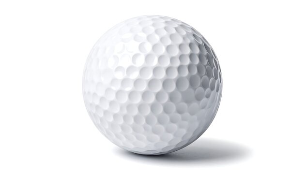 A white golf ball with dimples sits on a white surface, casting a shadow