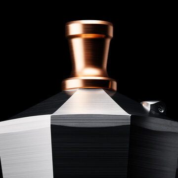 Cafetera de metal y cobre sobre fondo oscuro, Objeto de dise&ntilde;o exclusivo metal y cobre con estilo, Imagen de producto de lujo en metal y cobre para banner