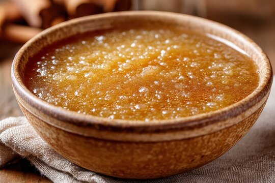 A close-up shot of homemade applesauce in a wooden bowl on rustic cloth, featuring a smooth, glistening texture, with blurred cinnamon sticks in the background.