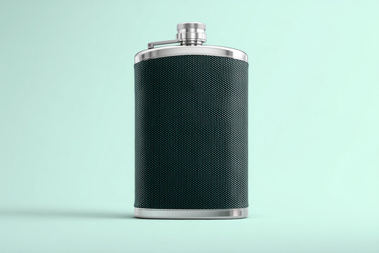 Petaca de acero inoxidable con textura sobre fondo claro, Frasco de licor elegante para ocasiones premium, Producto petaca exclusivo para marketing de bebidas