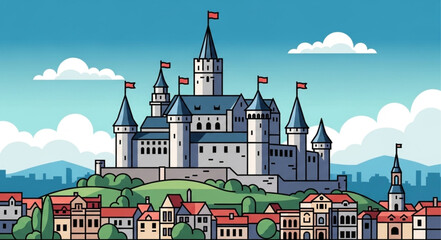 Illustration of a Classic Medieval Castle with Tall Towers and Fortified Walls. © Lembu