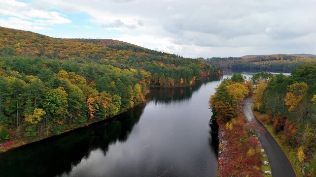Aerial drone view of serpentine road through dense autumn forest bordering reflective lake, vibrant orange and green foliage on hills under partly cloudy sky.