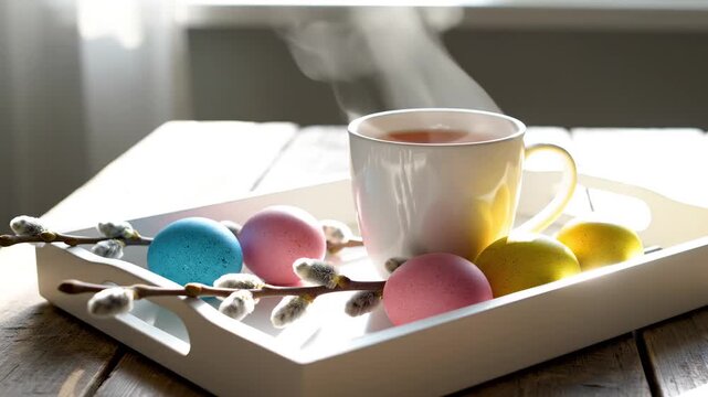 Cup of tea with Easter eggs and willow branches on tray captures spring holiday breakfast, create Easter morning, festive drink, and spring celebration atmosphere for comfort