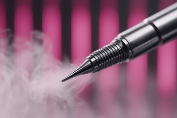 Naklejka premium Macro shot of a microblading pen emitting vapor, showcasing precision and a sterile environment, against a blurred pink backdrop indicating cosmetic procedures.