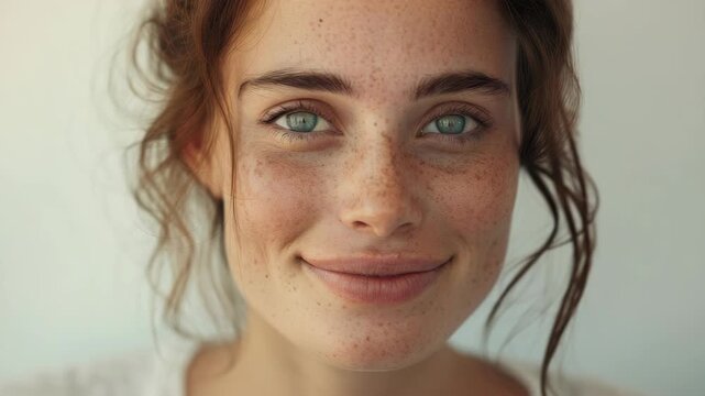 Soft focus captures a gentle, warm smile. Freckled face glows with natural beauty. Eyes reflect quiet confidence and kindness. Hair softly frames a serene, unposed expression