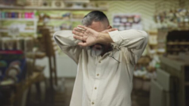 Man shielding face with hands, palms splayed toward camera inside a shop building; privacy anxiety avoidance.