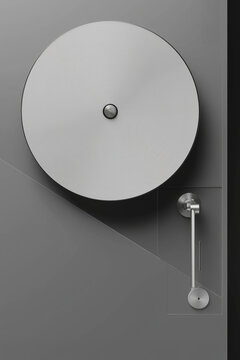 Disco redondo gris con l&iacute;neas conc&eacute;ntricas y brazo met&aacute;lico, Fondo minimalista elegante con formas geom&eacute;tricas premium, Ilustraci&oacute;n de dise&ntilde;o avanzado para innovaci&oacute;n y futuro digital