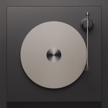 Tocadiscos moderno gris vista superior, Fondo tocadiscos para anuncio de m&uacute;sica exclusiva, Disfrutar m&uacute;sica vinilo equipo sonido elegante