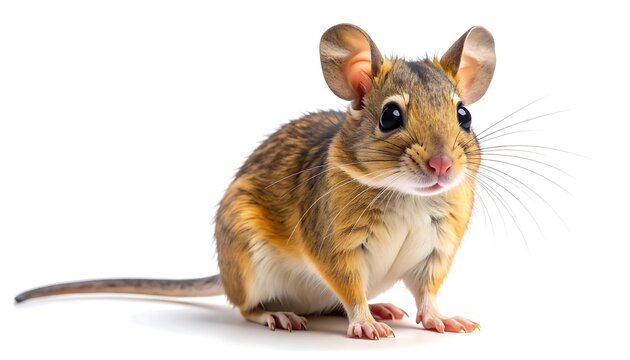 A small deer mouse, fawn-colored, with a long tail, on white background, looking cute