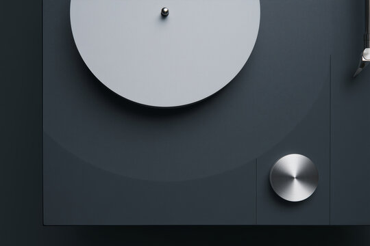 Tocadiscos moderno minimalista color gris, Fondo oscuro para anuncio de tecnolog&iacute;a de audio, El regreso del vinilo en la cultura musical actual