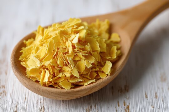 A close-up shot of nutritional yeast flakes on a wooden spoon, showcasing its texture and color against a rustic white wooden background, promoting healthy eating habits.