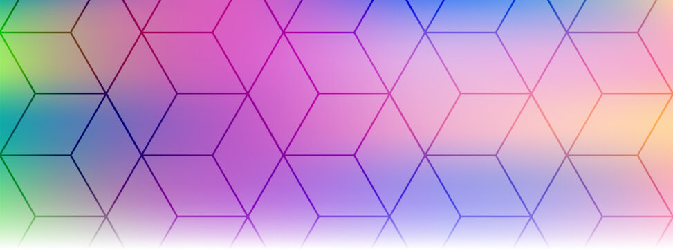 Abstract vector background featuring a dynamic hexagonal geometric grid pattern on vibrant rainbow gradient with transitions 