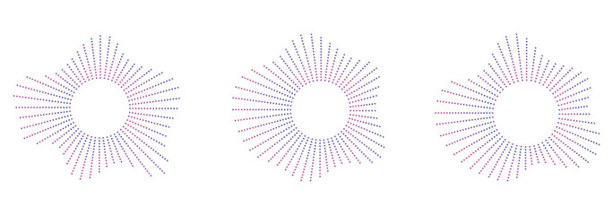 Abstract halftone sunburst set. Sound equalizer icons with lines and dots, gradient neon circular sound wave frames.  circular sound wave frames with dots.