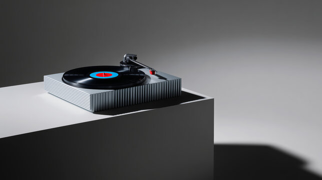 Tocadiscos moderno con disco de vinilo fondo gris, Reproductor de m&uacute;sica exclusivo dise&ntilde;o minimalista elegante, El regreso del vinilo un estilo de vida de lujo y sonido