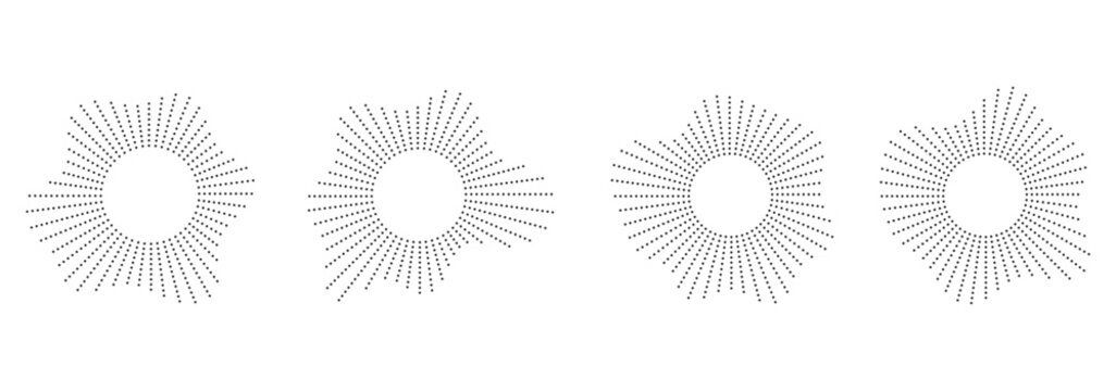 Abstract halftone sunburst set. Sound equalizer icons with lines and dots, gradient neon circular sound wave frames.  circular sound wave frames with dots.