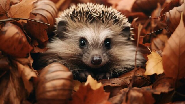 Tiny hedgehog nestled in autumn leaves. Soft brown fur contrasts with fallen foliage. Dark, curious eyes gaze directly at viewer. Crisp, golden leaves surround the little creature