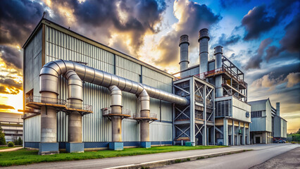 Industrial facility with large pipes under dramatic sunset sky  