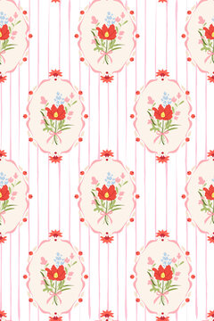 Seamless vintage floral pattern with oval frames and blooming bouquets on striped pastel background Elegant romantic vector design for nursery decor, wallpaper, fabric, feminine stationery collections