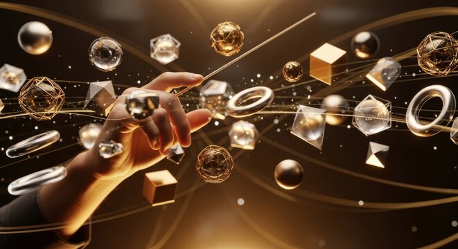 Man hand conducting and orchestrating a swarm of geometric shapes. AI agent managing complex data structure. Future technology concept.