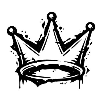 A black crown with three points and a circular base, surrounded by splatters and drips, on a white background.