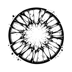 Shattered glass effect illustration with splinters and cracks in a circular pattern on a white background