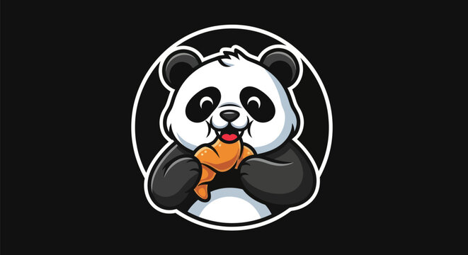 Cartoon panda eating carrot on black