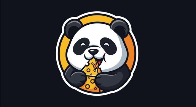 Cartoon panda eating cheese on black background