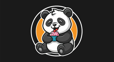 Cartoon panda eating cupcake on black © Ever