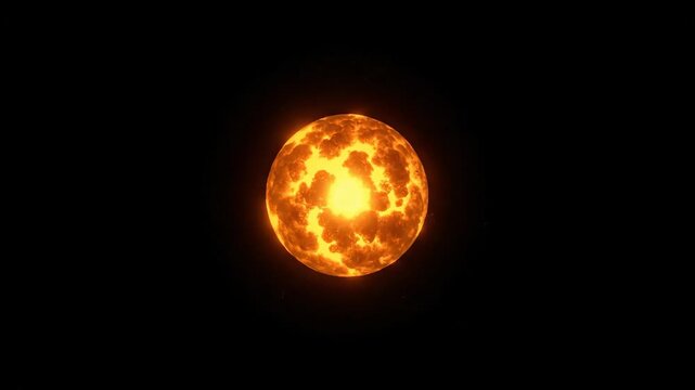 Fiery Sun with glowing energy, solar flare and burning plasma on black space.