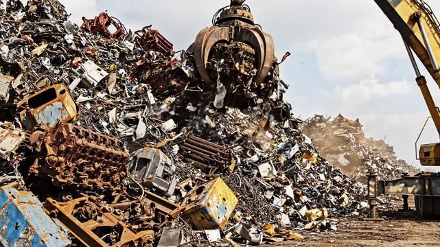 Heavy machinery sorts through a large pile of scrap metal and discarded vehicle parts