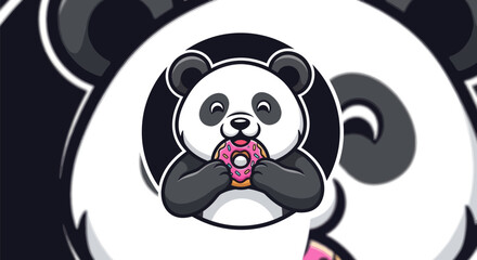 Obraz premium Cartoon panda eating donut illustration