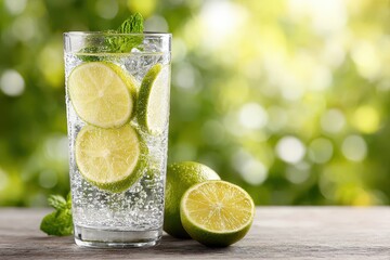 Fototapeta premium Refreshing lime water with mint in a glass, standing on a wooden table, enhanced by a blurred greenery backdrop, perfect for summer drink concepts and healthy lifestyle themes.