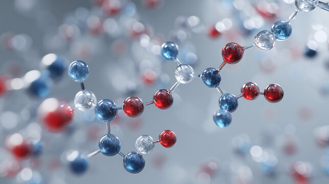  Detailed molecular structure showing amino acid chains linked by peptide bonds, represented as colorful spheres and rods (atoms in CPK coloring: carbon gray, oxygen red, nitrogen blue, hydrogen white