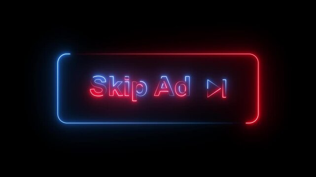 Red and Blue Neon Skip Ad Button Icon Glowing Video Advertising Interface Symbol on Dark Background.