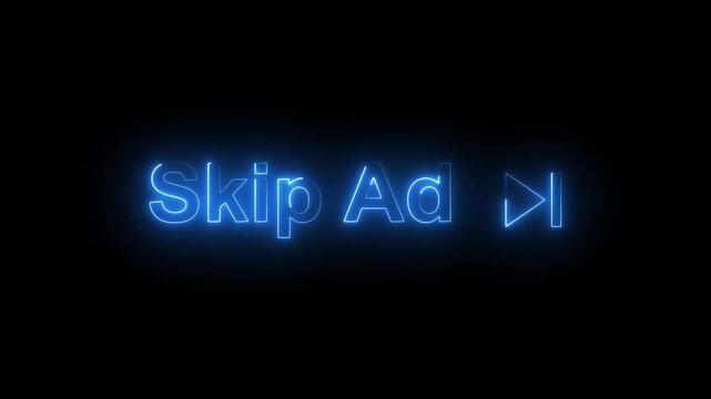Blue Neon Skip Ad Text and Play Icon Glowing Video Advertising Interface on Dark Background.