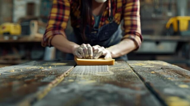 Woodworker sands wood with worn gloves. Hands grip sanding block firmly. Workbench shows signs of daily use. Toolshed backdrop hints at crafty space. Dusty, rugged atmosphere captures hands-on work