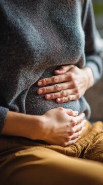 Close-up of a woman holding her abdomen with discomfort sitting on a sofa, intestinal dysbiosis 
