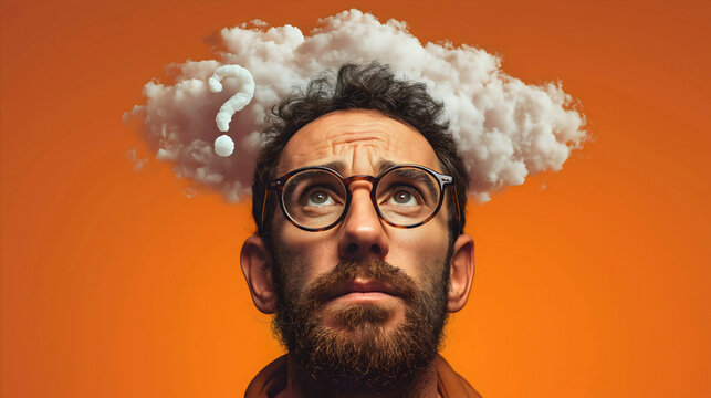 Close-up portrait of a confused bearded man with glasses looking up at a cloud question mark, thinking and wondering concept, creative problem solving, solid orange background.