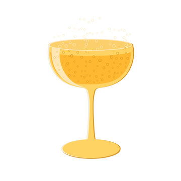 Retro wide champagne glass vector illustration in flat style. Festive cabaret drink on an isolated background. New Year's sparkling wine or proseco in a vintage coupe.