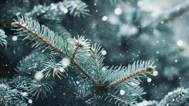 Snowflakes drift gently through the air. Evergreen branches glow with soft, natural light. Frost coats needles in delicate, icy patterns. Branches extend outward with quiet, organic grace