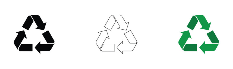 Obraz premium Recycle Symbol Vector Icons Set | Black Outline Green Arrows Triangle Illustrations