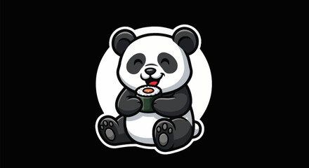 Cartoon panda eating sushi on black background © Star