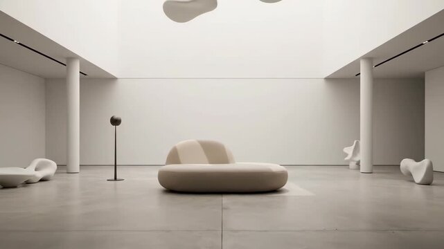Minimalist living room design, showcasing a modern sofa and floor lamp in a bright room.