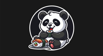 Cartoon panda eating sushi on black background © Star