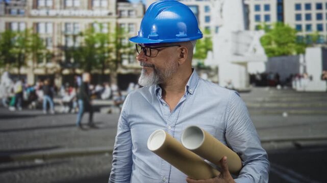 Man architect holding rolled plans and wearing blue hardhat in urban street building; project planning confidence.