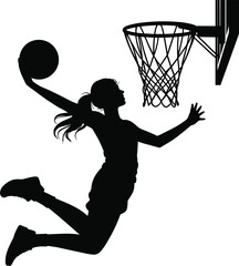 Silhouette illustration of basketball player performing slam dunk, showing dynamic motion, athletic strength, sports competition, fitness, energy, and exciting basketball action near hoop. © AshaRani