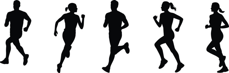 Silhouette illustration of five people running in dynamic motion, symbolizing fitness, health, exercise, competition, sports activity, teamwork, and energetic lifestyle promotion.