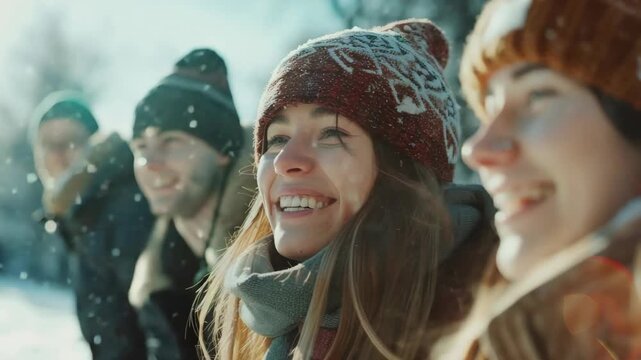 Sunlit winter smiles among friends in snow. Snowflakes drift gently around them. Joyful faces glow in crisp, bright light. Warm hats and scarves frame their happiness. Close-up captures genuine
