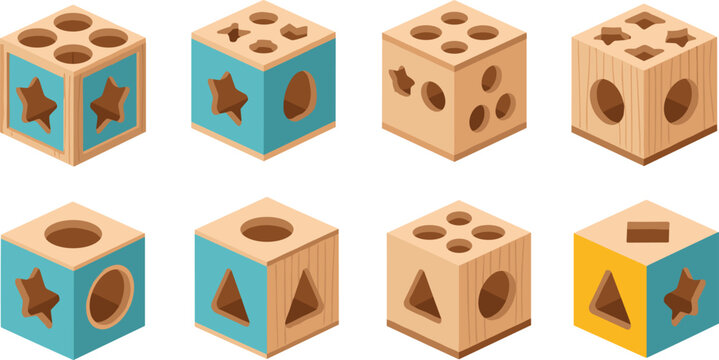 Title: Set of Isometric Wooden Shape Sorter Cube Toys with Geometric Cutouts for Baby Education Preschool Learning and Child Development.